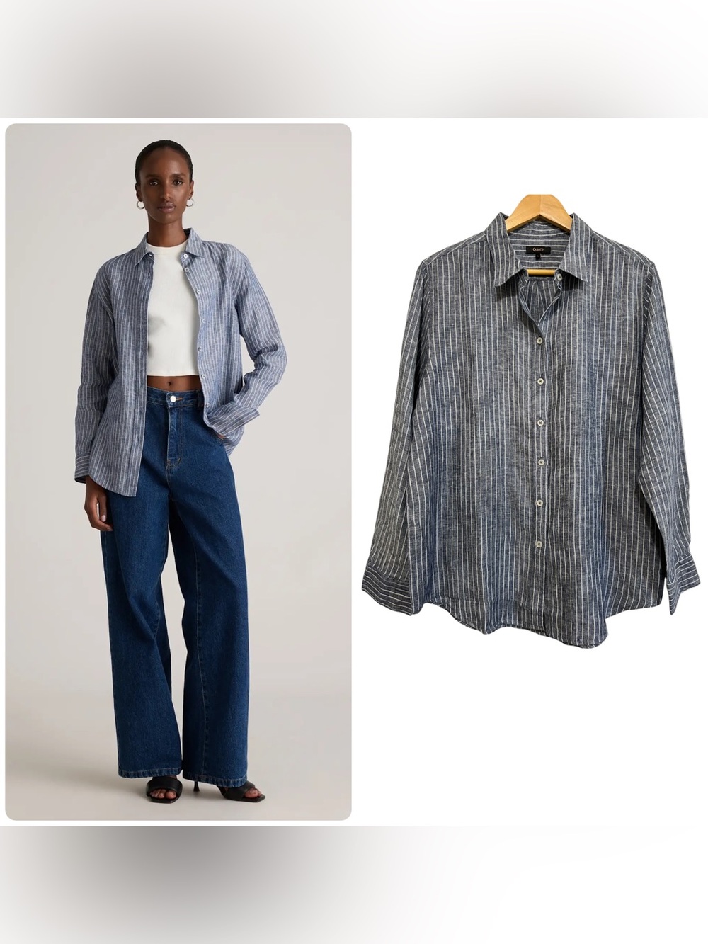 Quince 100% European Linen Long Sleeve Button-Front Shirt Chambray Stripe Large